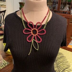 NECKLACE RHINESTONE PINK AND GREEN FLOWER NEW